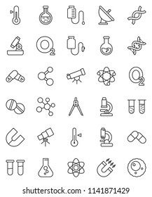 thin line vector icon set - thermometer vector, drawing compass, atom, telescope, microscope, magnet, flask, molecule, oxygen, satellite antenna, vial, dna, pills, drop counter, ovule