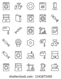 thin line vector icon set - washer vector, washing powder, mixer, double boiler, blender, tomography, gear, construction crane, dishwasher, meat grinder, sewing machine