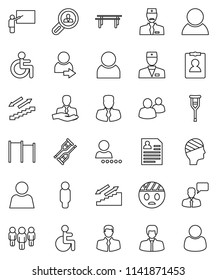thin line vector icon set - blackboard vector, manager, man, personal information, horizontal bar, stairways run, client, speaking, group, disabled, doctor, crutches, head bandage, user, login