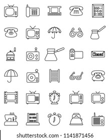 thin line vector icon set - washboard vector, kettle, hand mill, turk coffee, glasses, alarm clock, abacus, phone, umbrella, film frame, radio, tv, classic, closed, video camera, sewing machine