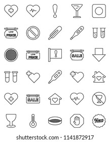 thin line vector icon set - sieve vector, arrow down, heart pulse, prohibition sign, no alcohol, cross, attention, glass, rec button, thermometer, vial, stop, sale signboard, low price, love home