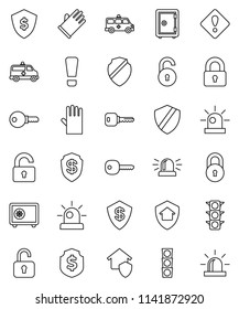 thin line vector icon set - rubber glove vector, dollar shield, safe, traffic light, amkbulance car, lock, unlock, key, attention sign, siren, home protect, password