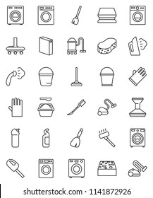 thin line vector icon set - broom vector, vacuum cleaner, mop, bucket, sponge, car fetlock, steaming, washer, washing powder, cleaning agent, rubber glove