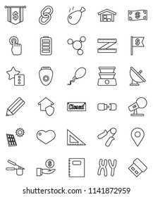 thin line vector icon set - cook press vector, chicken leg, copybook, pencil, corner ruler, molecule, investment, dollar flag, measuring, hand trainer, satellite antenna, microphone, touchscreen