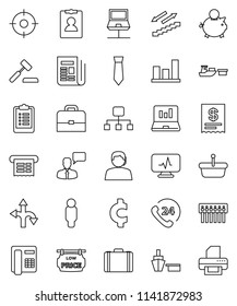thin line vector icon set - case vector, graph, laptop, piggy bank, man, personal information, tie, cent sign, clipboard, stairways run, route, phone 24, support, port, newspaper, speaking, hub