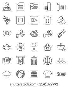 thin line vector icon set - trash bin vector, schedule, compass, document, investment, dollar flag, hierarchy, pills, heart monitor, navigator, money, phone, group, stop button, forward, connection