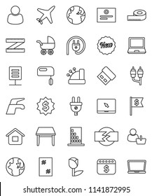 thin line vector icon set - water tap vector, window cleaning, certificate, world, dollar medal, flag, calendar, measuring, earth, plane, tulip, notebook pc, rca, network document, disconnection
