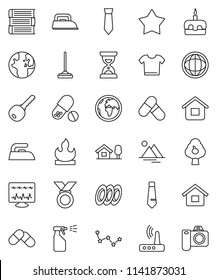 thin line vector icon set - mop vector, iron, sprayer, plates, cake, book, world, constellation, sand clock, tie, medal, pills, earth, flammable, diagnostic monitor, router, house, chalet, mountain