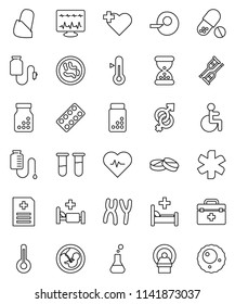thin line vector icon set - thermometer vector, heart pulse, pills vial, cross, doctor bag, ambulance star, disabled, flask, gender sign, pregnancy, insemination, crutches, sand clock, bottle, ovule