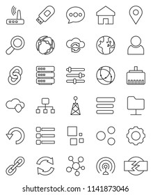 thin line vector icon set - world vector, antenna, social media, connection, network folder, cloud shield, exchange, big data, gear, equalizer, menu, usb modem, router, lan connector, share, home