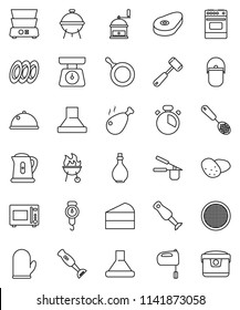 thin line vector icon set - camping cauldron vector, pan, kettle, oil, scales, cook glove, timer, press, skimmer, meat hammer, hand mill, mixer, microwave oven, double boiler, blender, bbq, plates
