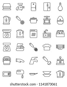 thin line vector icon set - water tap vector, sponge, plates, sink, pan, kettle, oil, scales, cook hat, glove, timer, press, skimmer, ladle, spices, fridge, dishwasher, mixer, coffee maker, kitchen