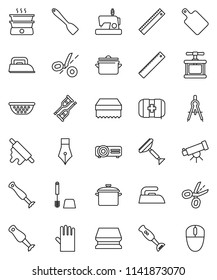 thin line vector icon set - scraper vector, sponge, iron, toilet brush, rubber glove, pan, colander, cook press, spatula, rolling pin, cutting board, blender, pen, ruler, drawing compass, telescope