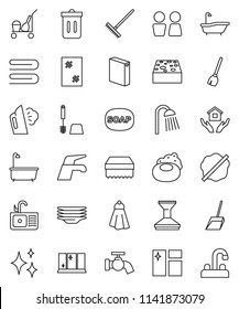 thin line vector icon set - soap vector, cleaner trolley, broom, water tap, scoop, rake, sponge, towel, trash bin, car fetlock, shining, window cleaning, splotch, steaming, bath, toilet brush, sink