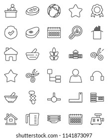 thin line vector icon set - plates vector, measuring cup, pasta, steak, school building, corner ruler, student, medal, calendar, cereals, no hook, protected, headphones, mortar, connect, connection