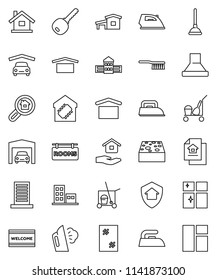 thin line vector icon set - plunger vector, cleaner trolley, fetlock, sponge, window cleaning, welcome mat, iron, steaming, shining, house hold, school building, dry cargo, cottage, garage, search