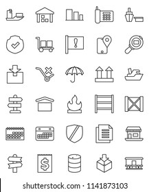 thin line vector icon set - signpost vector, attention, office, phone, traking, ship, calendar, receipt, port, wood box, document, cargo, umbrella, dry, top sign, no trolley, warehouse, package