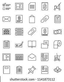 thin line vector icon set - cleaner trolley vector, toilet paper, book, copybook, schedule, document, exam, cash, check, annual report, clipboard, receipt, thumbtack, mail, attachment, plan, estate