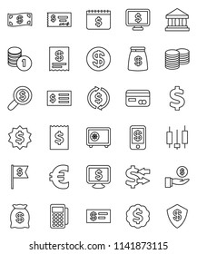 thin line vector icon set - bank vector, exchange, japanese candle, investment, coin stack, check, receipt, money search, dollar medal, flag, safe, calendar, monitor, euro sign, credit card, cash