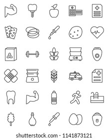thin line vector icon set - oil vector, double boiler, cereal, egg, potato, apple fruit, barbell, heart pulse, muscule hand, water bottle, cereals, breads, hoop, run, dropper, patch, anamnesis, pool
