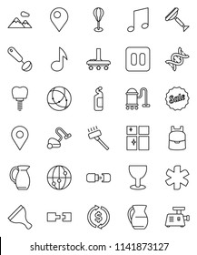 thin line vector icon set - scraper vector, vacuum cleaner, cleaning agent, shining window, ladle, jug, backpack, music, exchange, punching bag, glass, internet, pause button, ambulance star, dna