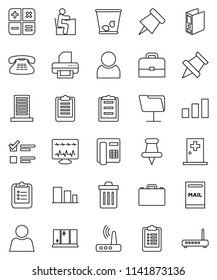 thin line vector icon set - trash bin vector, shining window, student, case, clipboard, paper pin, exam, binder, sorting, classic phone, thumbtack, diagnostic monitor, medical room, network folder