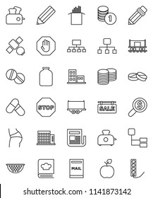 thin line vector icon set - colander vector, cookbook, jar, pasta, pencil, apple fruit, coin stack, money search, hierarchy, buttocks, pills, Railway carriage, satellite, truck trailer, newspaper