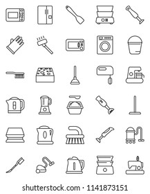 thin line vector icon set - plunger vector, vacuum cleaner, fetlock, mop, bucket, sponge, car, washing powder, rubber glove, kettle, spatula, double boiler, blender, fridge, washer, mixer