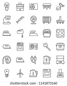 thin line vector icon set - vacuum cleaner vector, iron, kettle, mixer, oven, double boiler, table lamp, rca, windmill, air conditioner, ari condition, power plug, multi cooker, blender, fan, heater