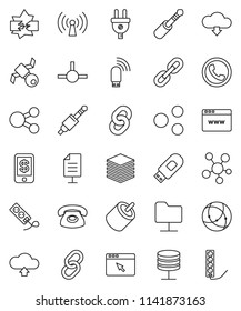 thin line vector icon set - satellite vector, social media, link, rca, jack, connect, connection, disconnection, network folder, server, big data, browser, usb modem, share, cloud upload, download