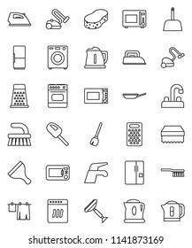 thin line vector icon set - scraper vector, broom, water tap, vacuum cleaner, fetlock, scoop, sponge, iron, drying clothes, pan, kettle, grater, microwave oven, washer, fridge, dishwasher