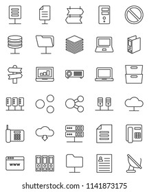 thin line vector icon set - notebook pc vector, document, archive, personal information, laptop graph, binder, prohibition sign, signpost, server, network folder, cloud, big data, browser, share
