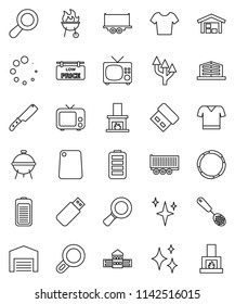 thin line vector icon set - shining vector, skimmer, knife, cutting board, bbq, school building, magnifier, t shirt, hoop, truck trailer, tv, battery, loading, route arrow, barn, low price signboard