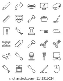 thin line vector icon set - fetlock vector, rake, sponge, car, steaming, pan, measuring cup, cook press, whisk, spatula, meat hammer, grater, double boiler, blender, sieve, pen, ruler, telescope