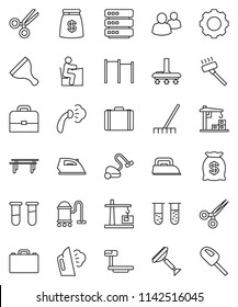 thin line vector icon set - scraper vector, vacuum cleaner, rake, iron, steaming, student, case, horizontal bar, big scales, group, vial, scissors, data, gear, construction crane, money bag