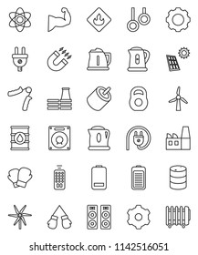 thin line vector icon set - kettle vector, atom, magnet, weight, hand trainer, muscule, boxing glove, gymnast rings, flammable, oil barrel, remote control, battery, rca, gear, solar panel, windmill