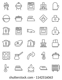 thin line vector icon set - iron vector, steaming, pan, camping cauldron, kettle, cook glove, turk coffee, toaster, oven, thermometer, bbq, steak, flammable, fireplace, heater