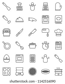 thin line vector icon set - pan vector, cook hat, apron, glove, timer, whisk, spatula, knife, grater, oven, double boiler, cookbook, sieve, dish, mixer, multi cooker