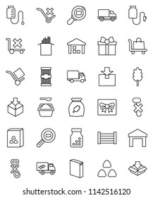thin line vector icon set - washing powder vector, cereal, pasta, delivery, wood box, cargo, no trolley, hook, warehouse, package, search, pills bottle, drop counter, relocation truck, gift