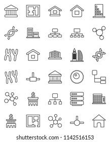 thin line vector icon set - molecule vector, bank, building, hierarchy, dna, chromosomes, ovule, connect, big data, plan, apartments, office, home