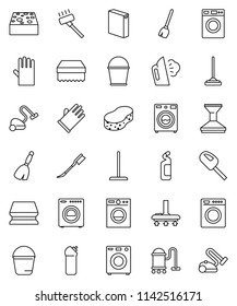 thin line vector icon set - broom vector, vacuum cleaner, mop, bucket, sponge, car fetlock, steaming, washer, washing powder, cleaning agent, rubber glove