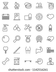 thin line vector icon set - liquid soap vector, fitball, muscule hand, buttocks, skateboard, target, medal, pills, sports nutrition, molecule, water bottle, calendar, fitness mat, pool, bone, hoop