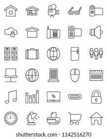 thin line vector icon set - glasses vector, table lamp, music, case, clock, man, calendar, dry cargo, speaker, equalizer, video camera, internet, notebook pc, hdmi, network, cloud lock, globe, barn