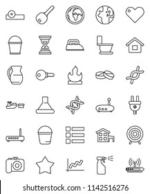thin line vector icon set - bucket vector, toilet, sprayer, jug, world, graph, sand clock, target, earth, port, flammable, camera, heart, dna, pills, eye doctor hat, router, house, cottage, key