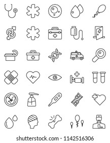 thin line vector icon set - liquid soap vector, heart pulse, cross, doctor bag, ambulance star, thermometer, vial, eye, gender sign, dna, magnifier, pregnancy, crutches, broken bone, patch, counter