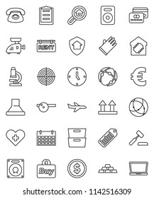thin line vector icon set - rubber glove vector, microscope, archive, dollar coin, clock, euro sign, gold ingot, target, calendar, plane, clipboard, top, barcode, speaker, heart cross, connection