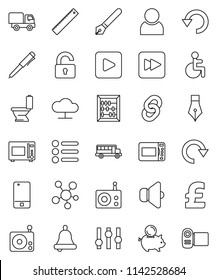 thin line vector icon set - toilet vector, microwave oven, pen, ruler, bell, school bus, abacus, piggy bank, pound, radio, speaker, settings, mobile phone, social media, play button, forward, redo