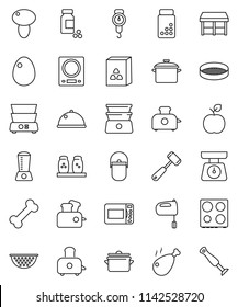thin line vector icon set - pan vector, camping cauldron, colander, scales, meat hammer, mixer, toaster, oven, double boiler, spices, sieve, dish, cereal, egg, mushroom, chicken leg, apple fruit