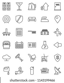 thin line vector icon set - scraper vector, cleaner trolley, vacuum, fetlock, iron, cleaning agent, water closet, kettle, mixer, flask, investment, dollar growth, receipt, target, calendar, stadium