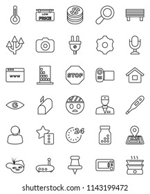 thin line vector icon set - navigator vector, support, camera, microphone, thumbtack, doctor, thermometer, eye, pills bottle, head bandage, browser, gear, router, favorites, bench, route arrow, stop